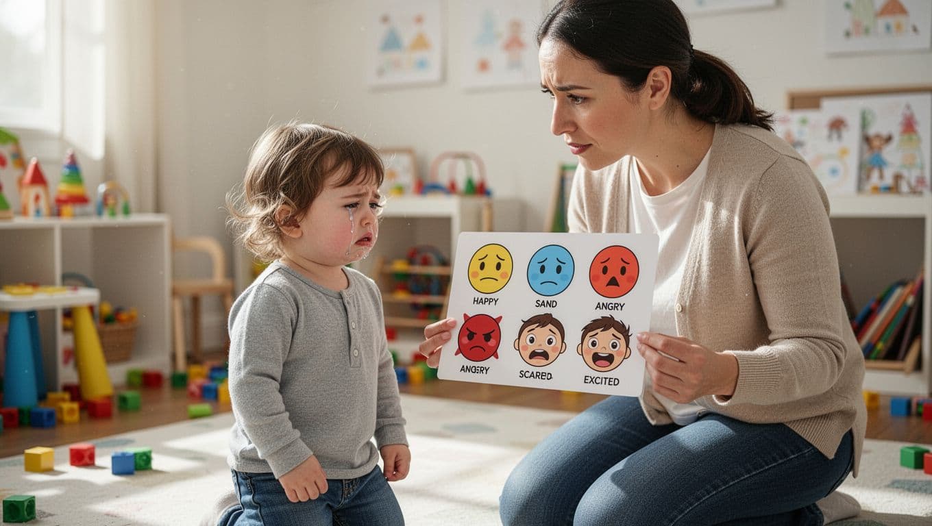 Calm parent kneels eye-level with tearful toddler holding simple emotions faces chart in bright playroom.