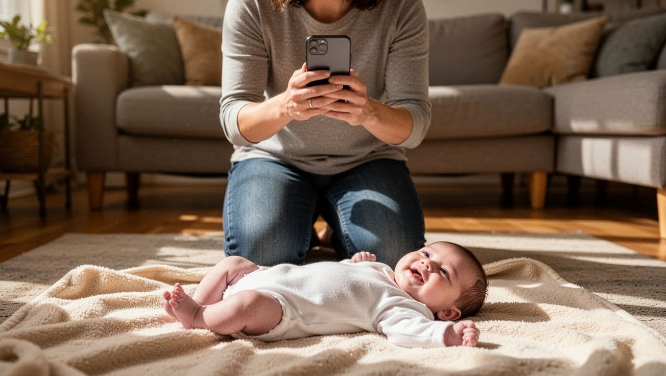 Kneeling parent holds smartphone at chest level over smiling newborn on living room floor blanket.