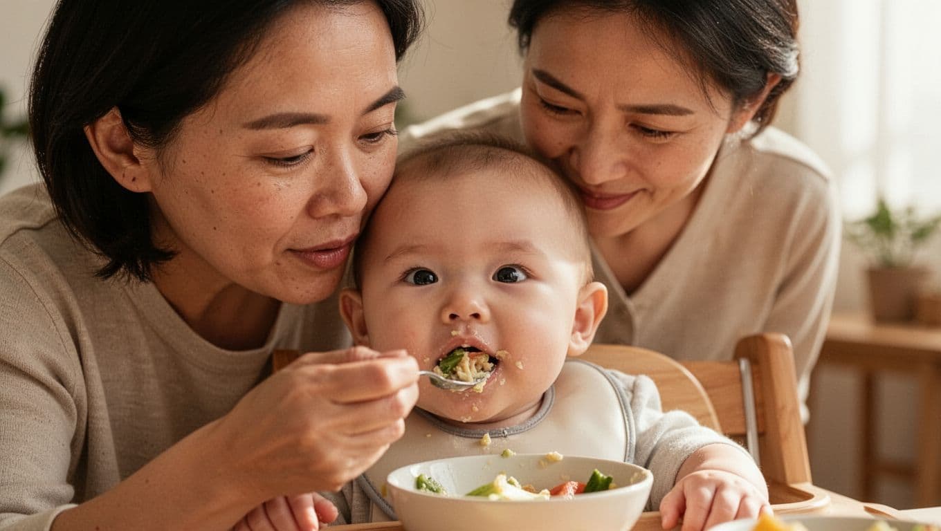 A close-up shot captures an attentive parent looking down with gentle concern as their baby eats. Soft natural light illuminates their faces, highlighting a moment of careful observation during feeding time.