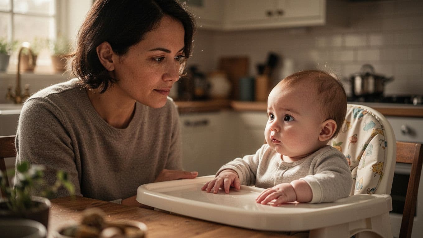 In a warm, softly lit kitchen, a parent gazes at their young child sitting in a high chair. Cinematic lighting highlights the parent's focused, calm expression during the monitoring session.