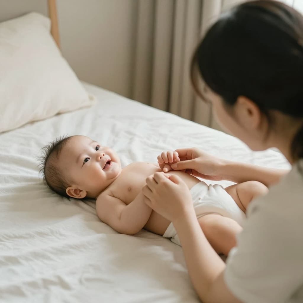 A happy baby rests on a soft blanket while a parent watches in the background.