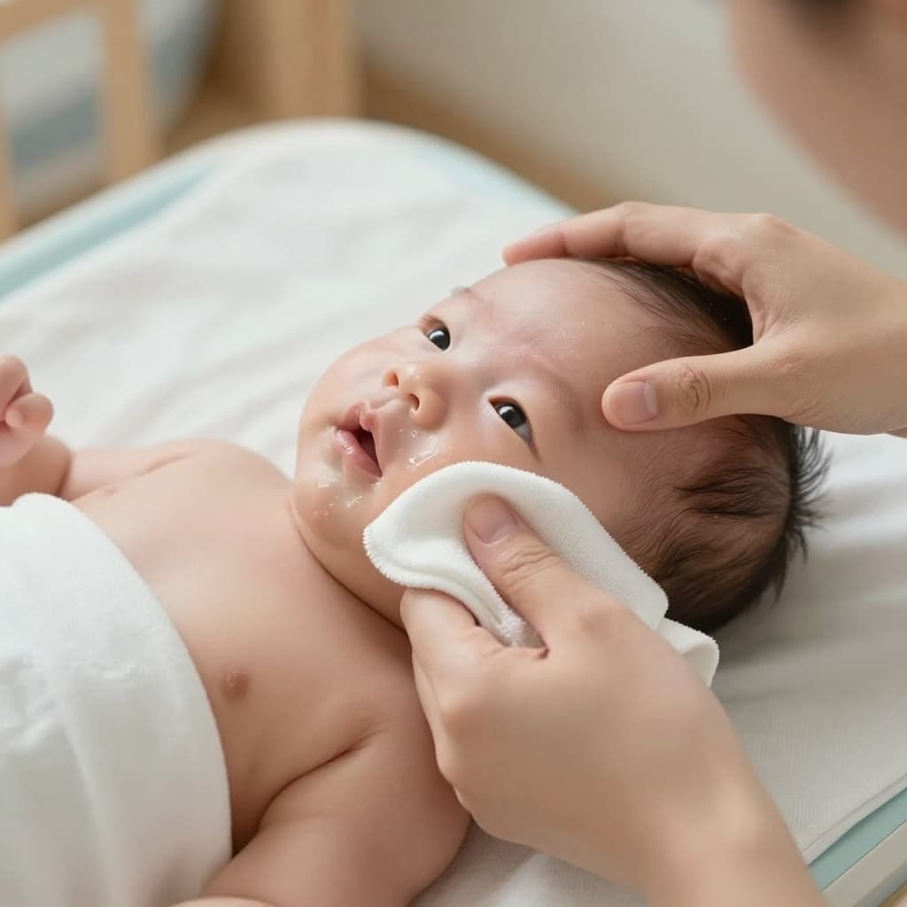 Parent's hand uses white washcloth to wipe newborn baby's face on padded changing table.