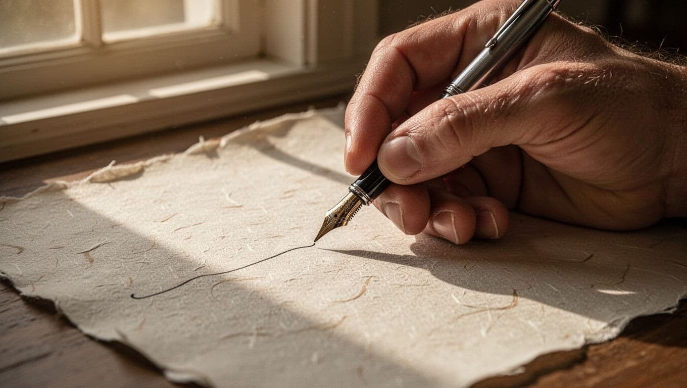 A close-up view captures a hand using a polished fountain pen to carefully ink elegant calligraphy onto thick, textured parchment paper. Soft golden sunlight highlights the delicate fibers of the stationery.