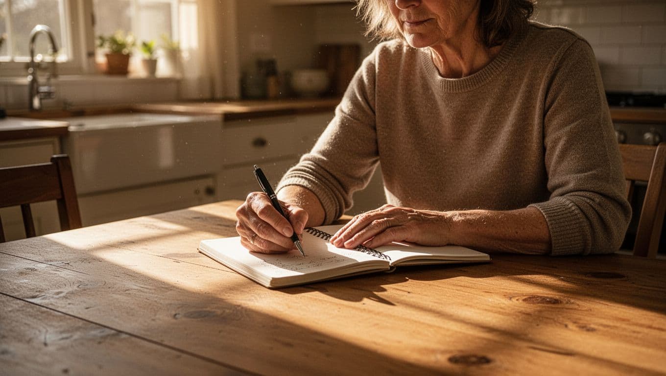 A focused parent sits at a rustic wooden kitchen table while carefully writing in a notebook with a pen. Warm afternoon sunlight streams across the tabletop, highlighting the textured wood grain.