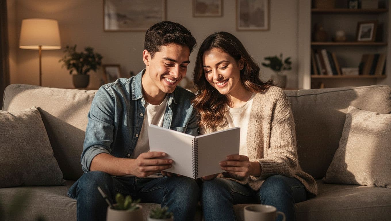 A young couple sits closely on a plush sofa, holding a notepad while engaging in a warm, intimate conversation. Soft, dramatic golden light illuminates their joyful expressions and cozy living room.