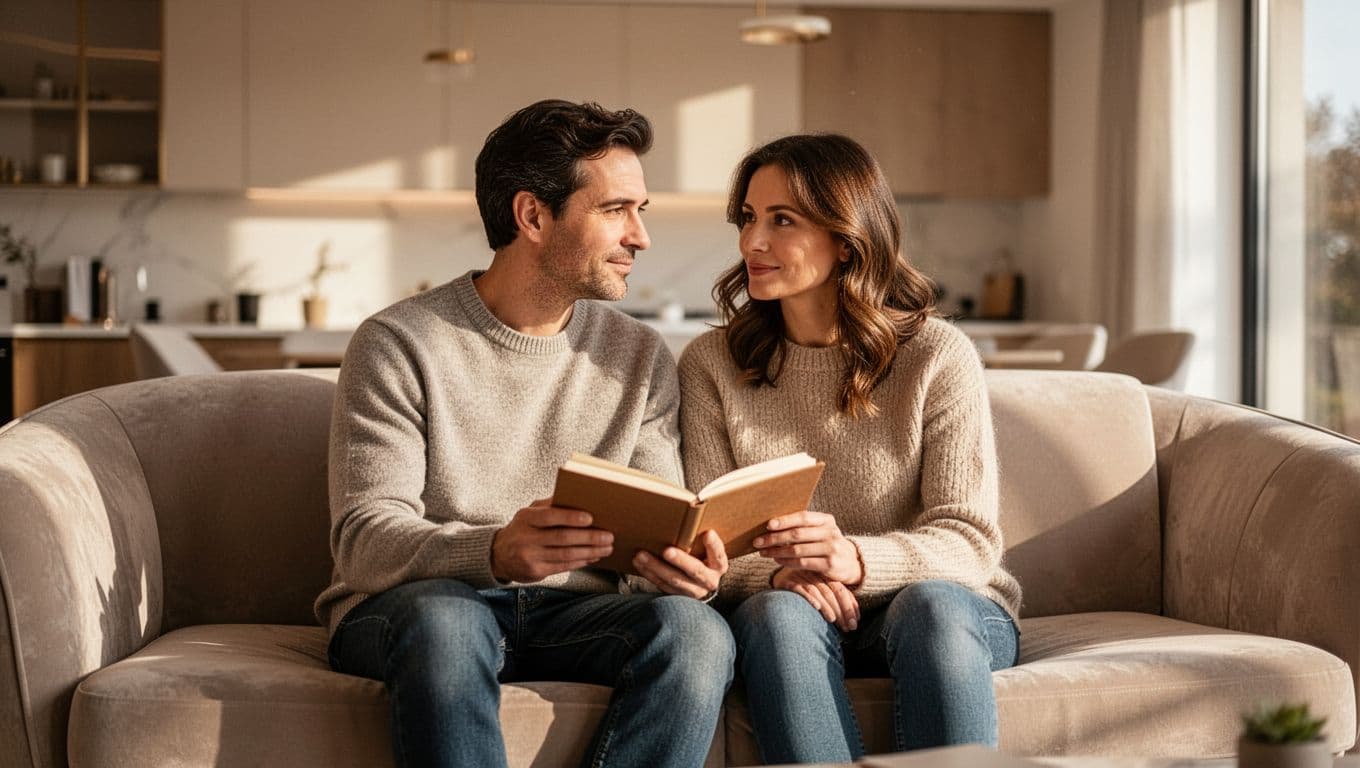 A couple sits closely on a plush gray sofa in a sunlit living room. The mother holds a small notebook while they share a warm, focused gaze during their naming discussion.