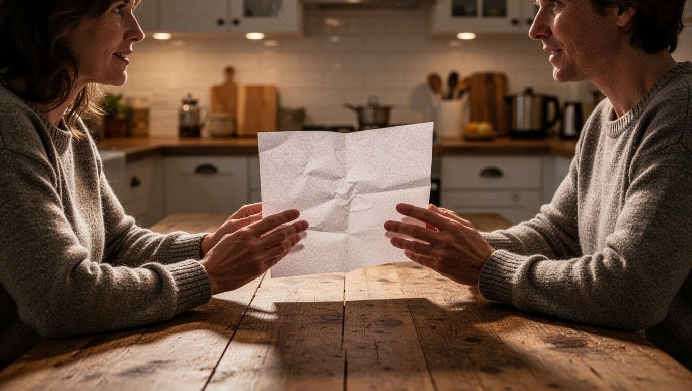 Two individuals sit at a warm wooden kitchen table, studying a handwritten list of names on a piece of paper. The cinematic lighting highlights their hands resting together near the document.