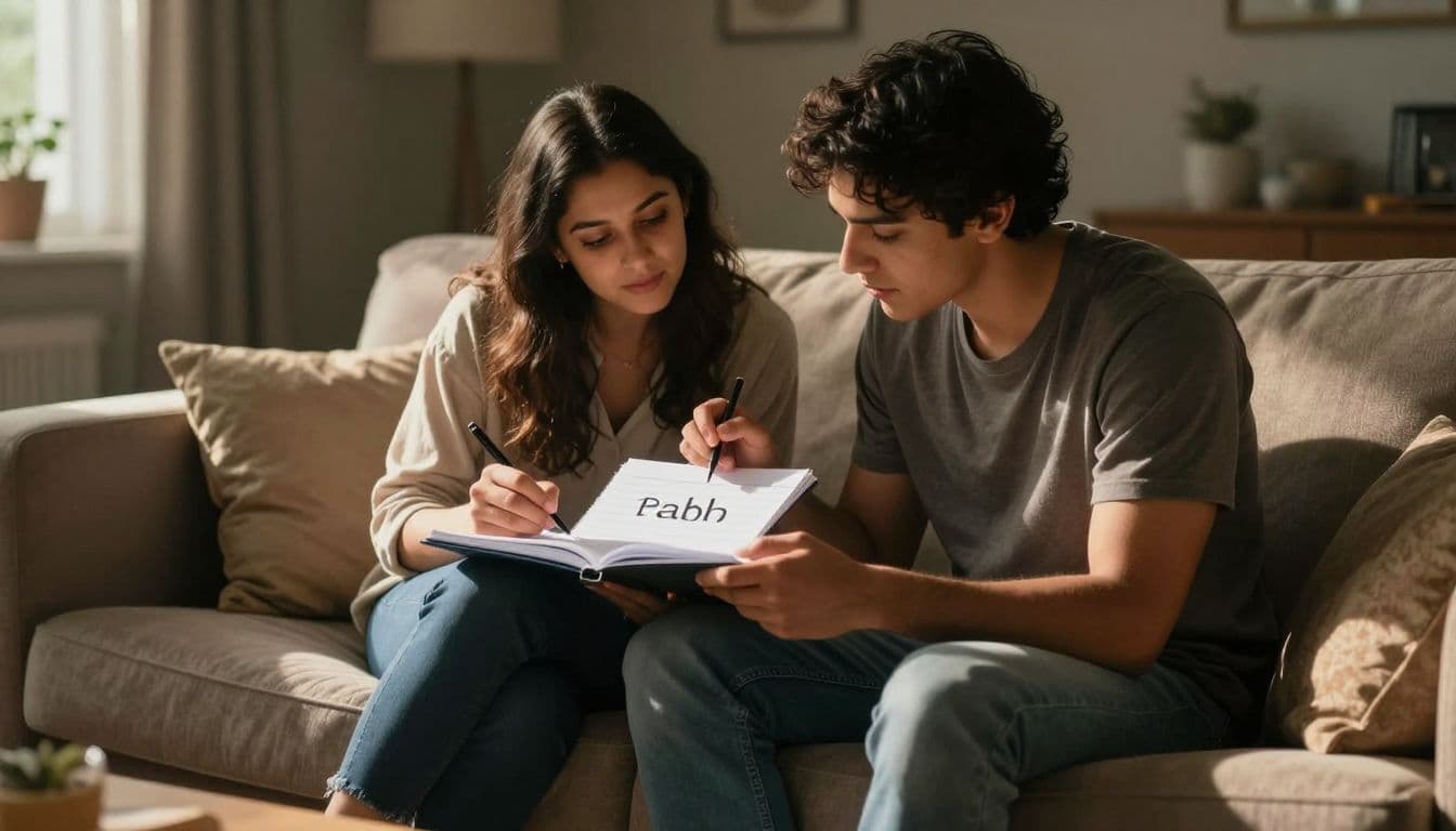 A young couple sits closely together on a plush sofa in a warm, sunlit living room. They share a pen and paper to record potential baby names with focused, happy expressions.