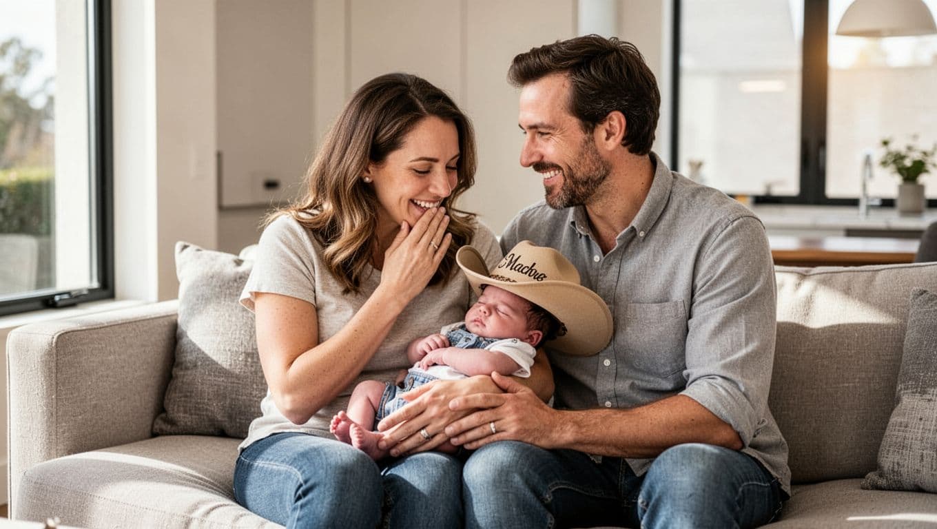 Smiling parents on couch hold newborn boy in small cowboy hat, mother softly naming him as father listens.