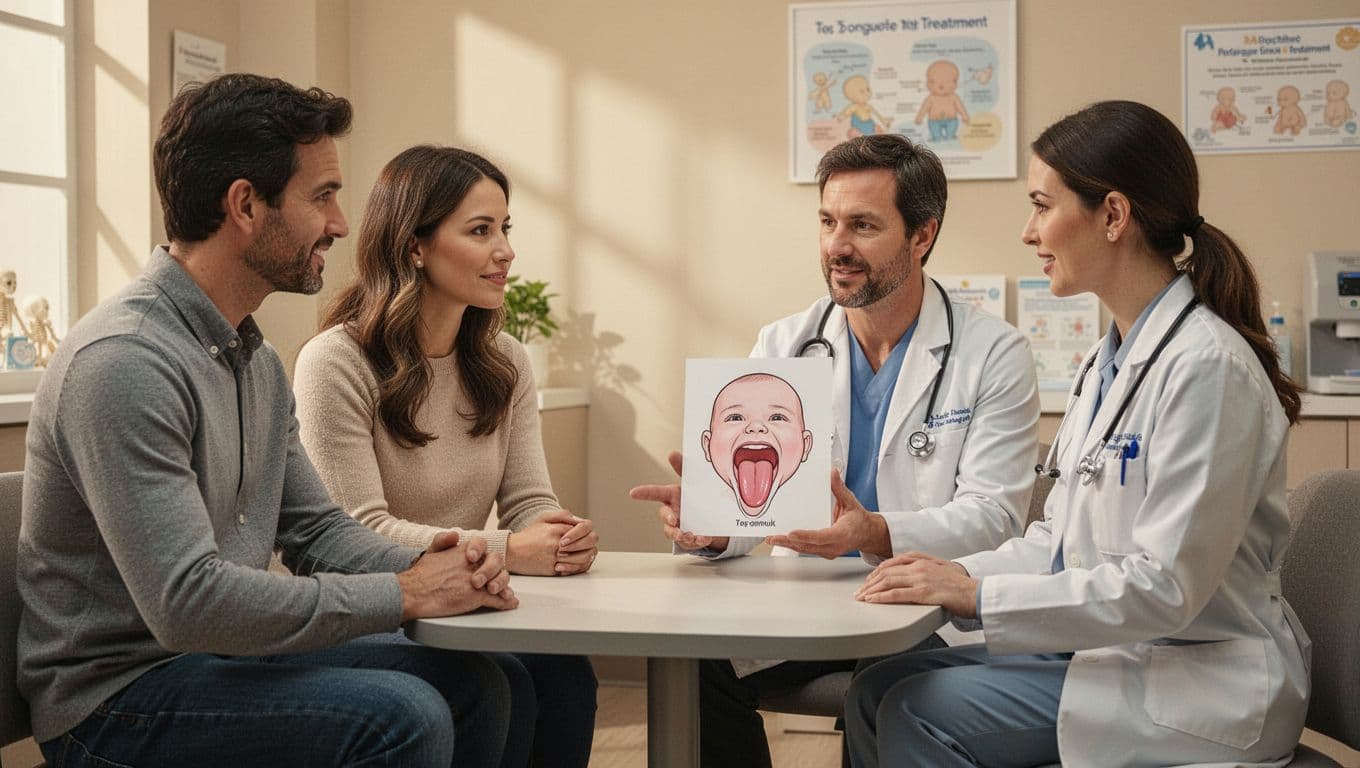 Mother and father seated with pediatrician holding infant tongue diagram in office.