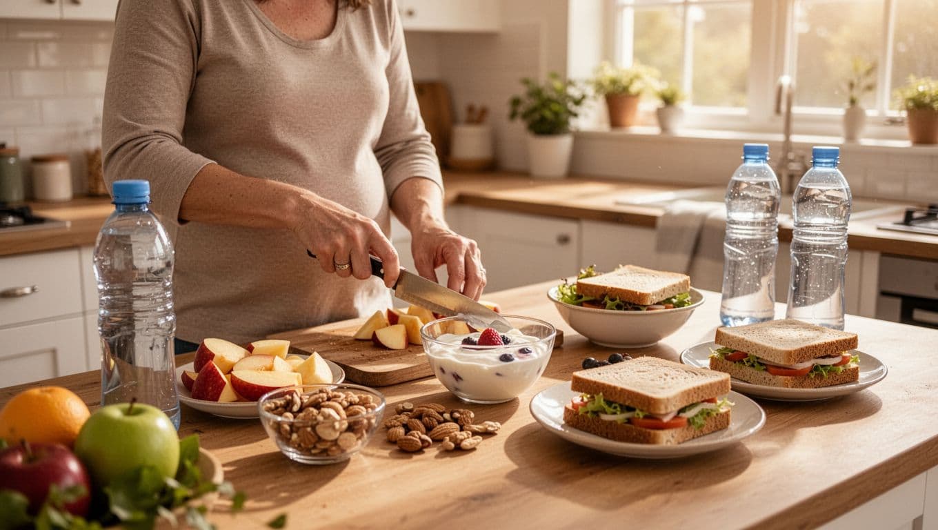 Partner arranges sliced fruits, yogurt bowls, nuts, sandwiches, and water bottles on clean kitchen counter in warm morning light.