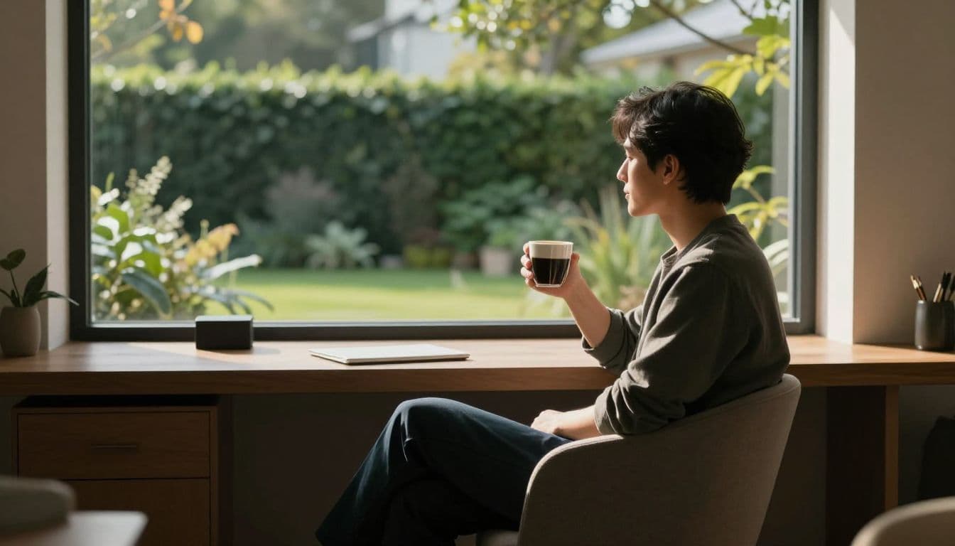 A quiet home office features a ceramic mug resting on a desk near a large window. Outside, a peaceful green garden symbolizes the growth and tranquility of long-term dividend investments.