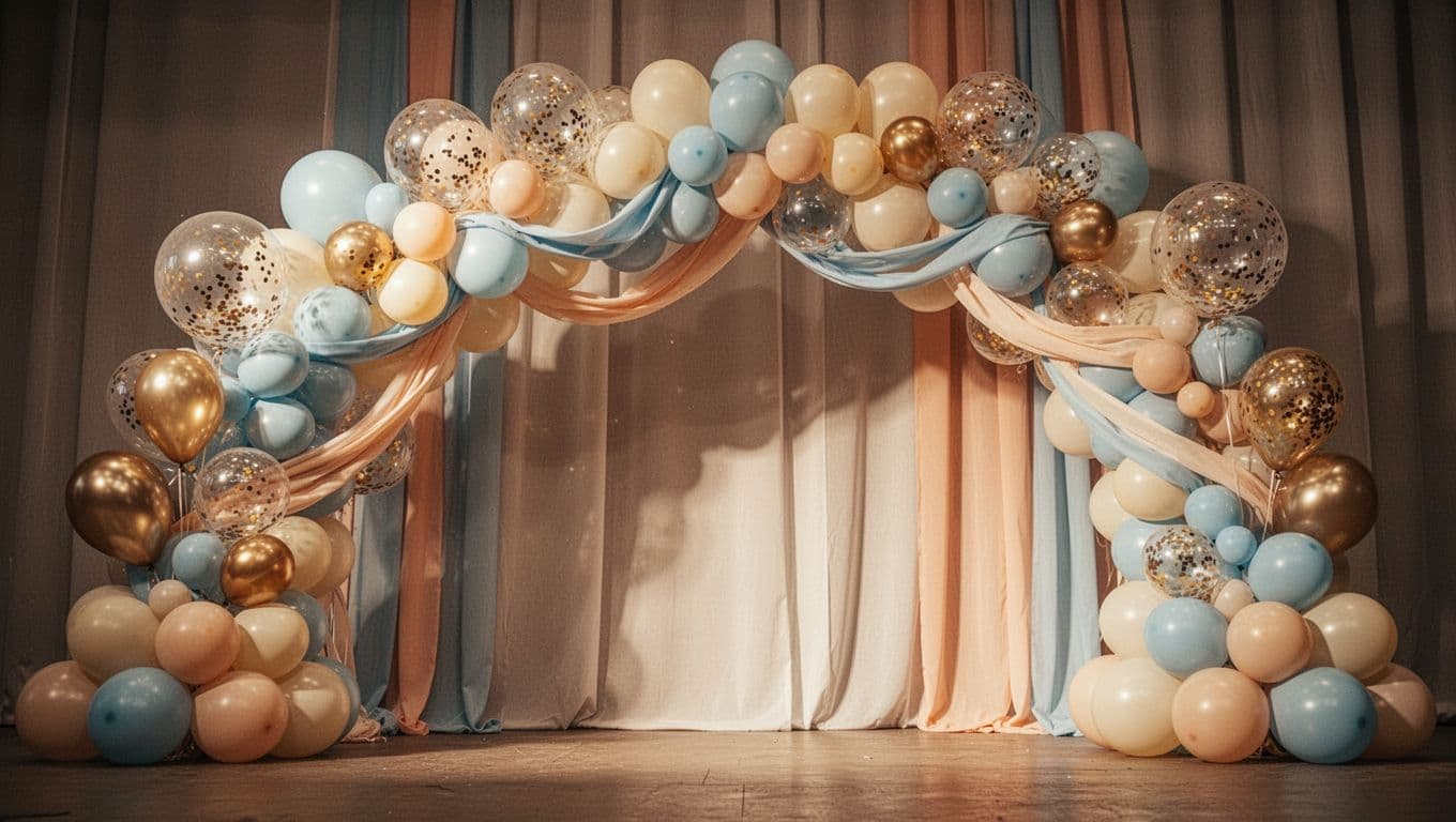 A festive balloon arch features layered pastel blue, cream, and peach balloons. Clear confetti-filled orbs and gold metallic accents are interspersed throughout the display to create a soft, elegant celebratory stage.