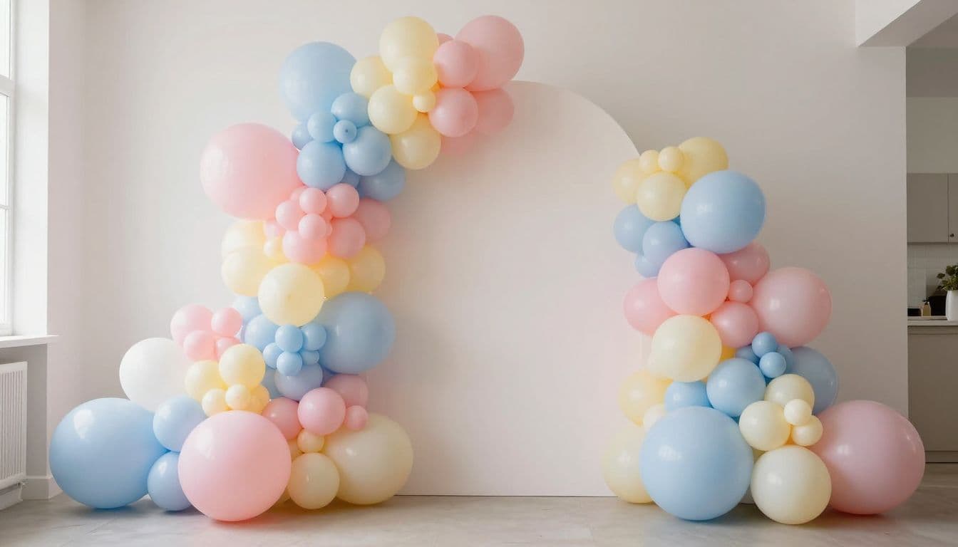 A vibrant arch made of pastel pink, blue, yellow, cream, and white balloons fills the indoor space. These varied spheres create a voluminous, playful display perfect for a celebration setting.