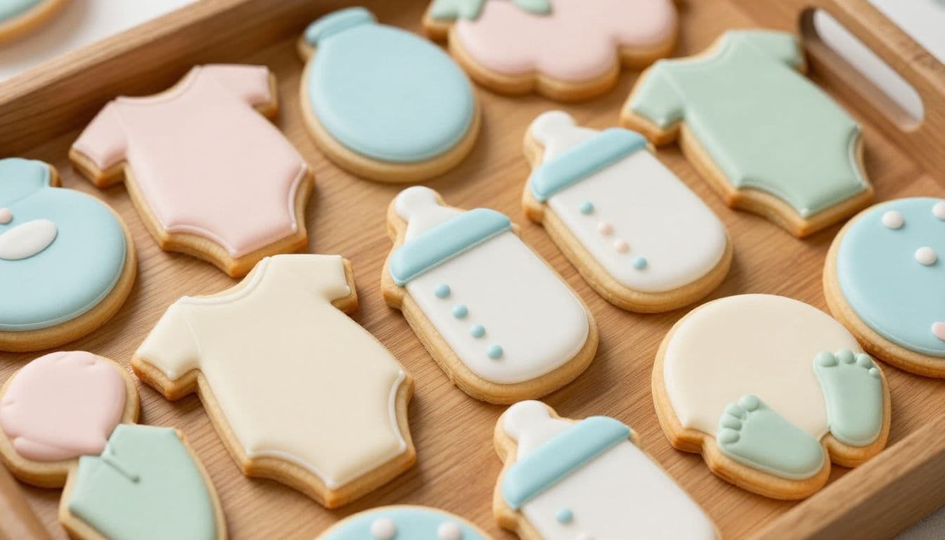 A rustic wooden tray holds an assortment of iced sugar cookies shaped like onesies, baby bottles, and tiny feet. The treats feature smooth blush, cream, sage, and light blue icing textures.