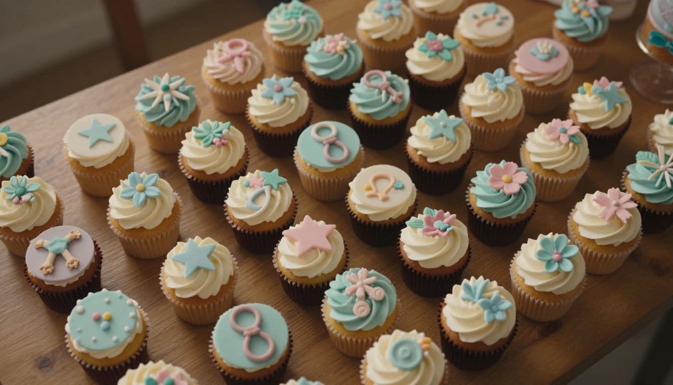 An assortment of frosted pastel cupcakes rests on a wooden table, featuring intricate fondant stars and rattles. The warm, gentle lighting highlights the soft colors and charming, delicate sugar decorations.