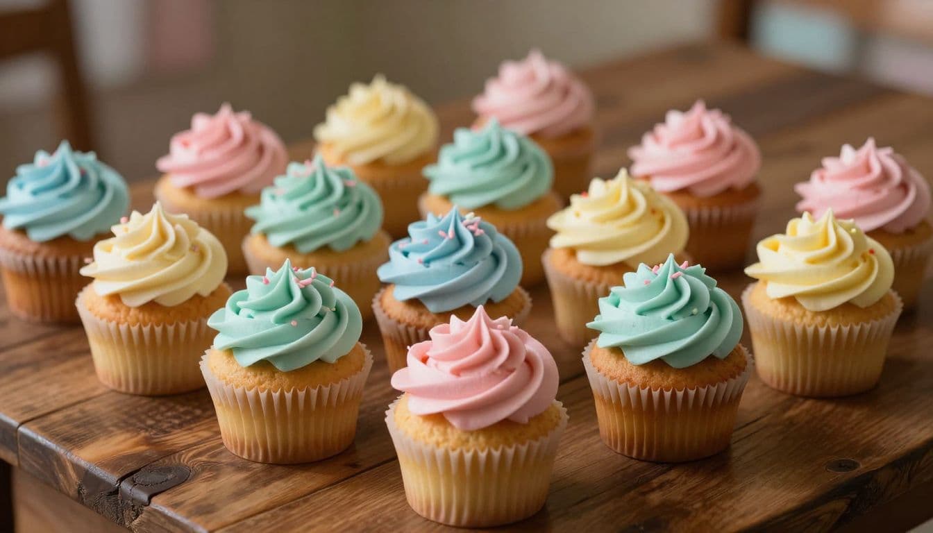A rustic wooden tabletop holds twelve colorful cupcakes topped with smooth pastel frosting in pink, blue, yellow, and mint. Tiny delicate sprinkles decorate the piped tops under a soft warm glow.