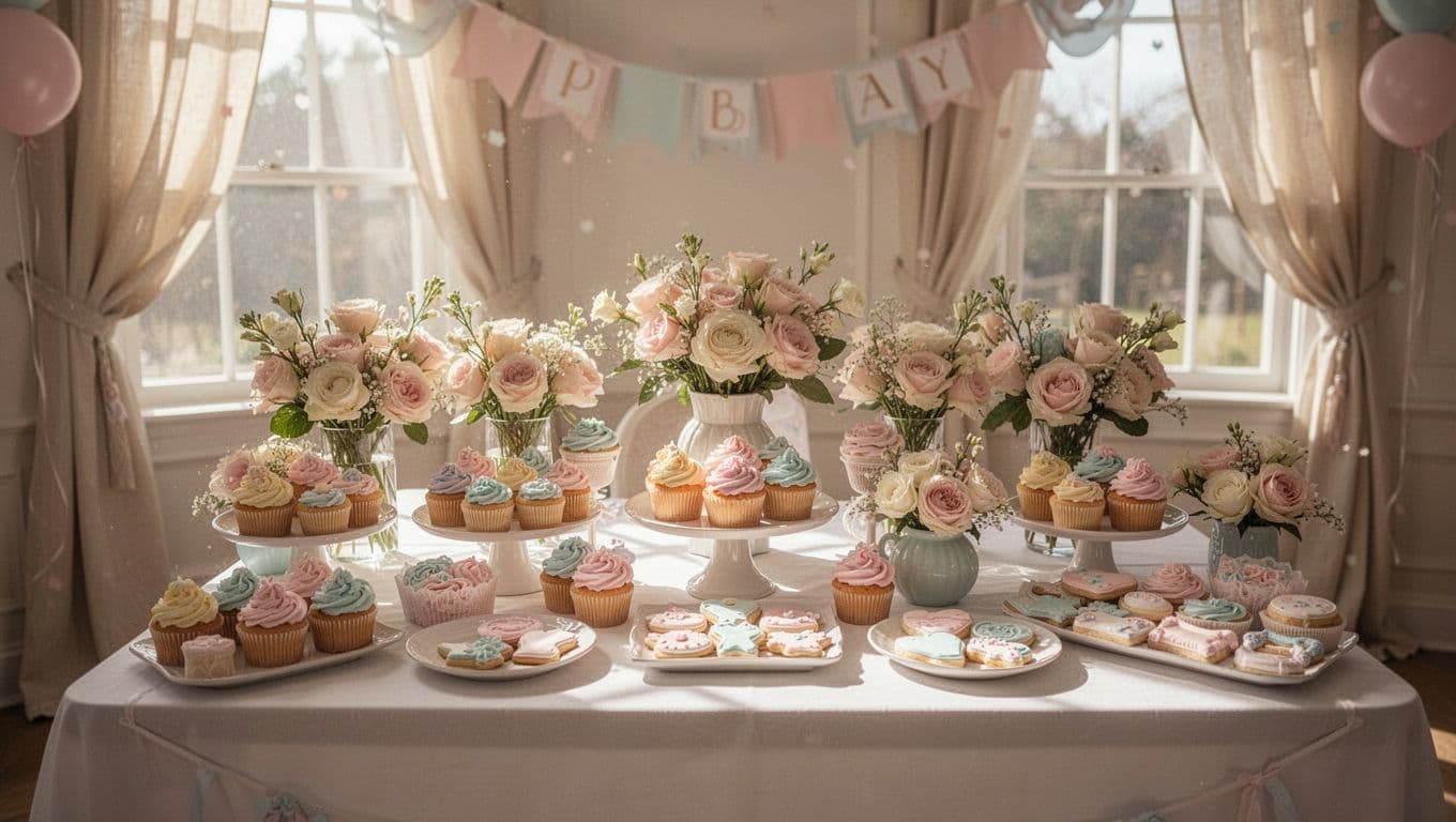 A sunlit room features a delicate table filled with assorted treats and fresh pastel floral bouquets. Elegant decorations create a welcoming atmosphere for guests in this soft, dreamy celebration space.