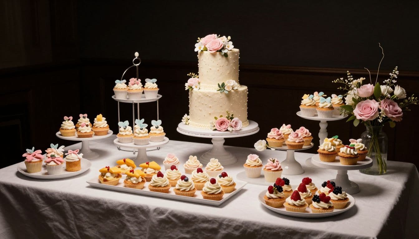 A sophisticated tiered cake sits center stage on a lace-covered table surrounded by delicate pastries and macarons. Vibrant floral arrangements in soft blush and cream tones accent the elaborate dessert display.