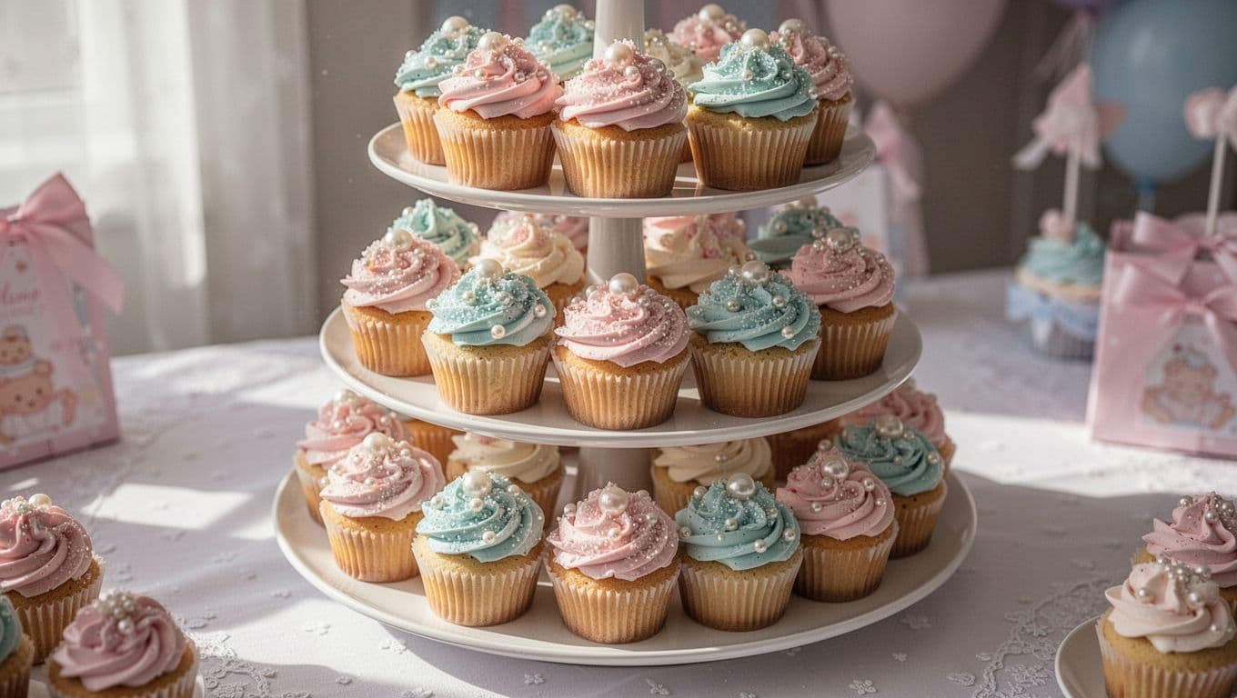 A tiered silver stand displays delicate pastel cupcakes topped with shimmering pearls and sugar crystals. The dark table surface contrasts with the soft treats under a warm, dramatic spotlighting effect.