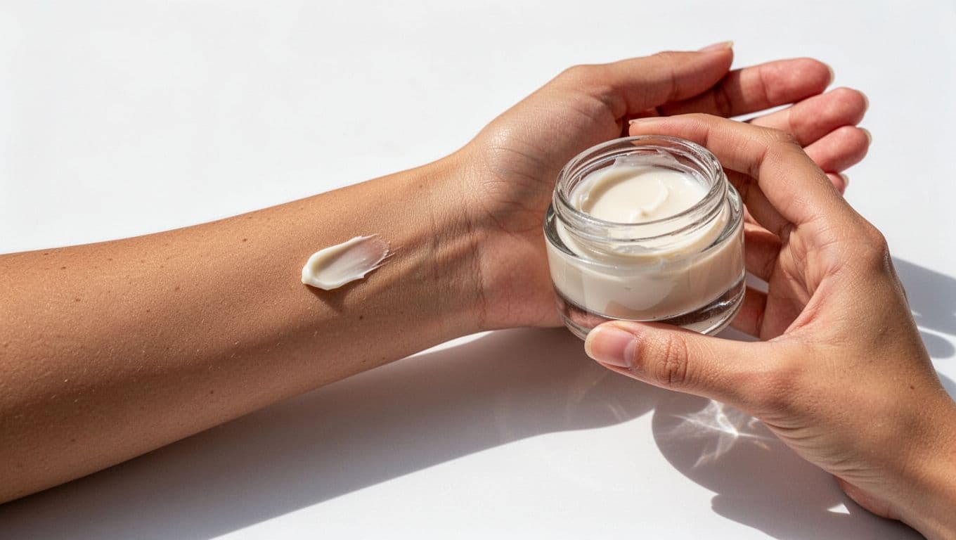 Close-up of inner forearm with small dab of pale balm on healthy skin, near clear glass jar held by hand.