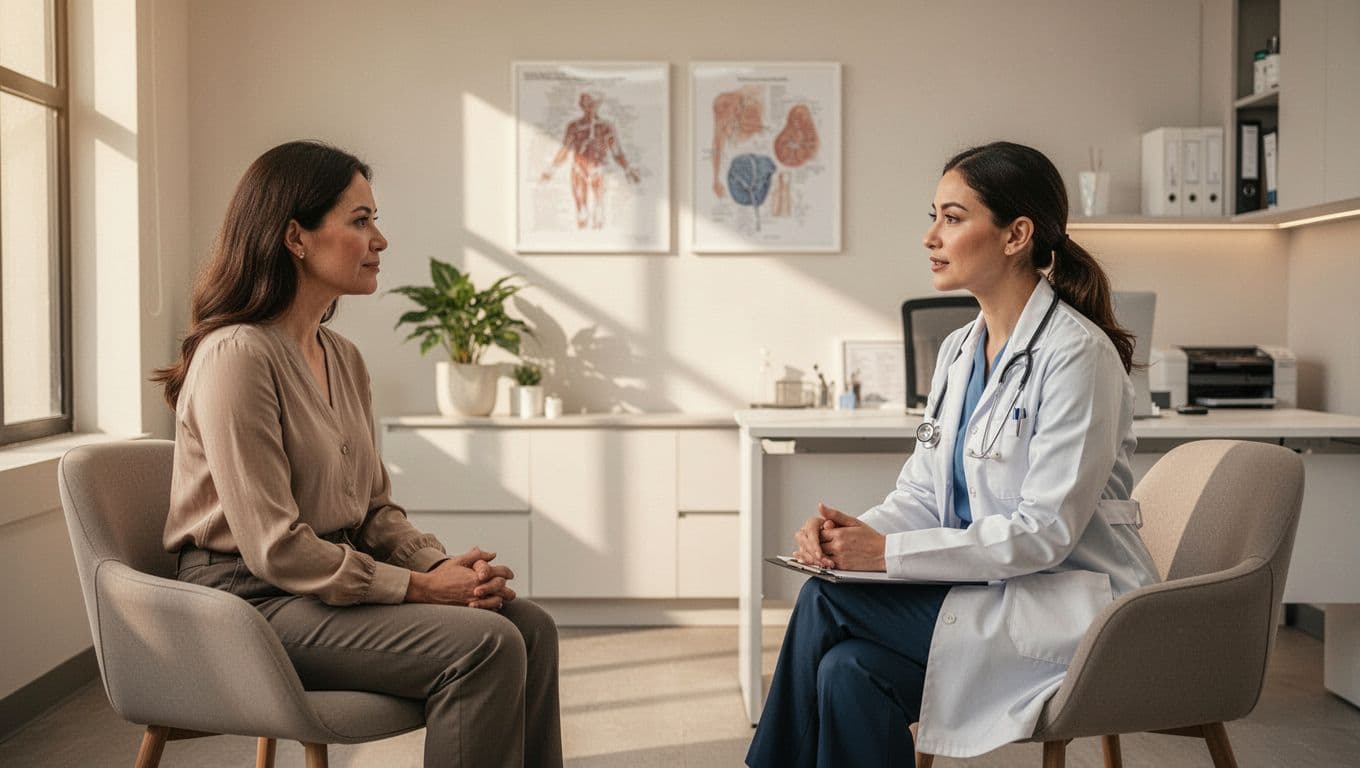 A woman sits across from her doctor in a bright, modern clinic space to discuss personal skin care needs. They share an empathetic moment in the soft, warm ambient light.