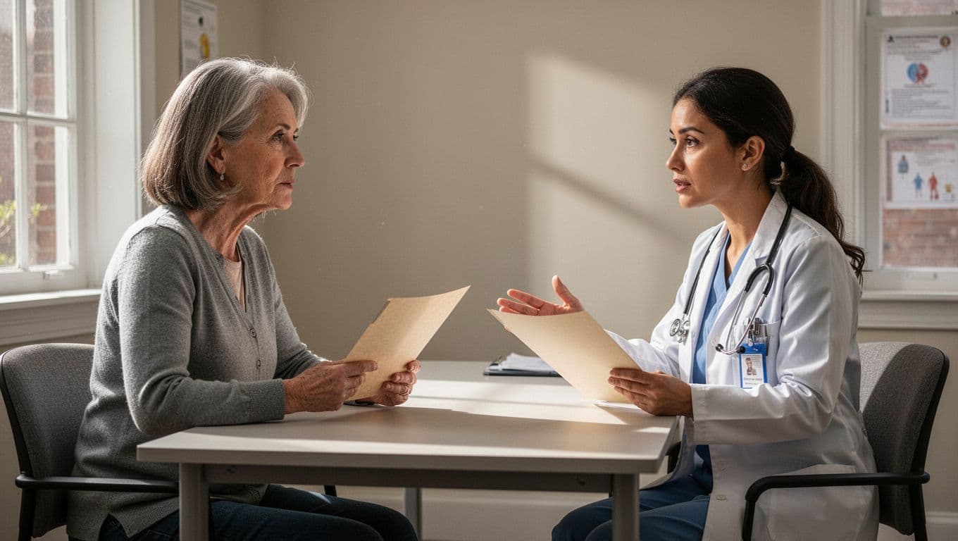Middle-aged woman gestures while speaking to female doctor holding clipboard across desk in sunlit office.
