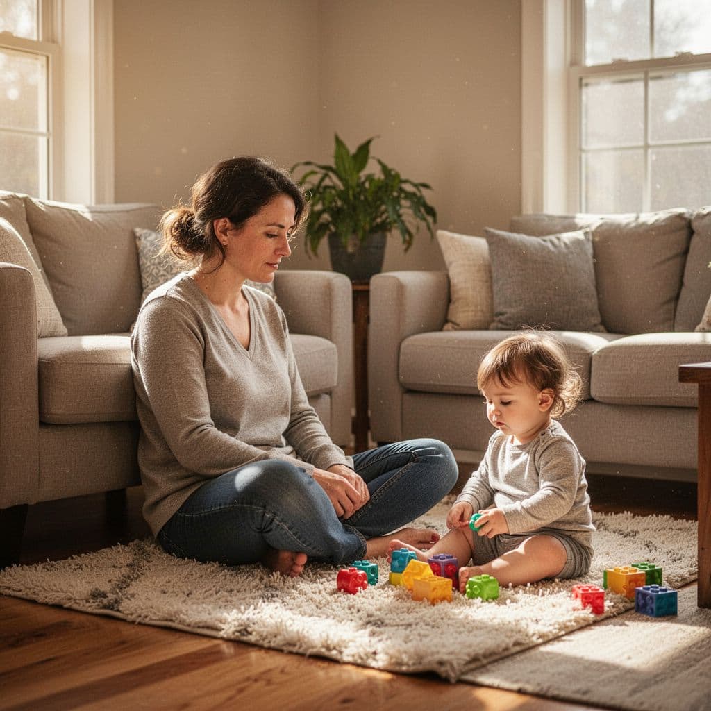 Parent sits calmly on floor near toddler in bright warm living room corner.