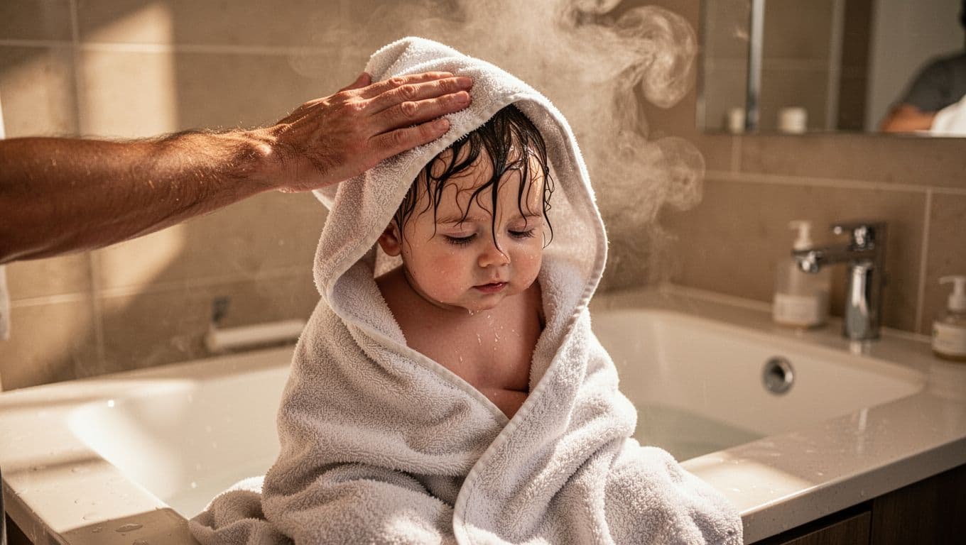 Adult hand pats baby's wet hair dry using hooded towel, baby wrapped on bathroom counter in steamy setting.