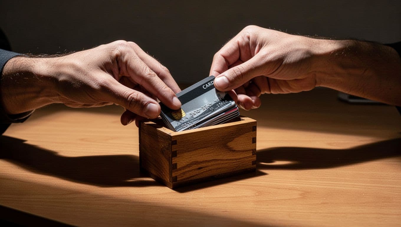 A person places a small stack of credit cards inside a minimalist wooden box resting on a dark desk. Dramatic overhead lighting emphasizes the act of storing the cards away securely.