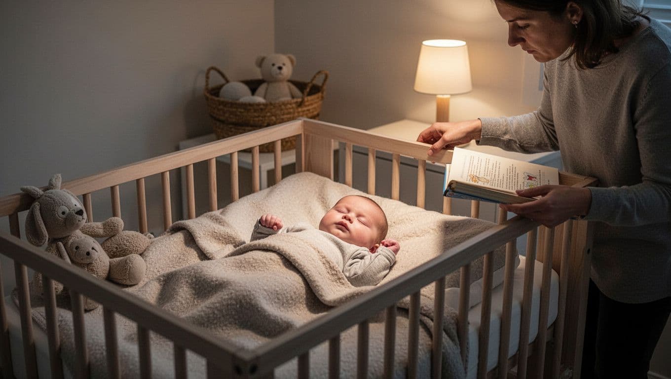 4-month-old baby drowsily settles in crib with soft blanket; parent dims lights after placing book aside.