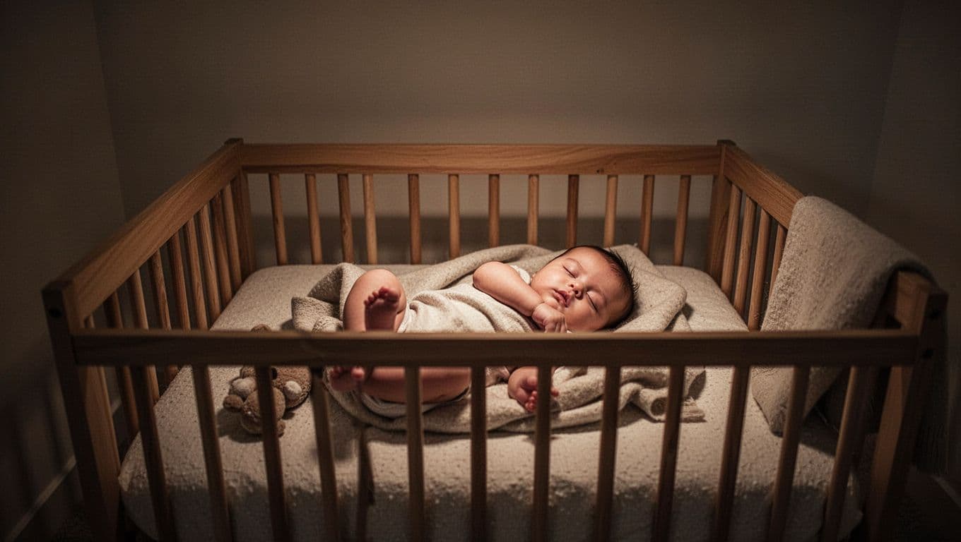 A tiny infant rests under soft blankets within a sturdy wooden crib. Warm ambient light pools across the mattress, highlighting the calm, cozy shadows of a minimalist nursery at night.