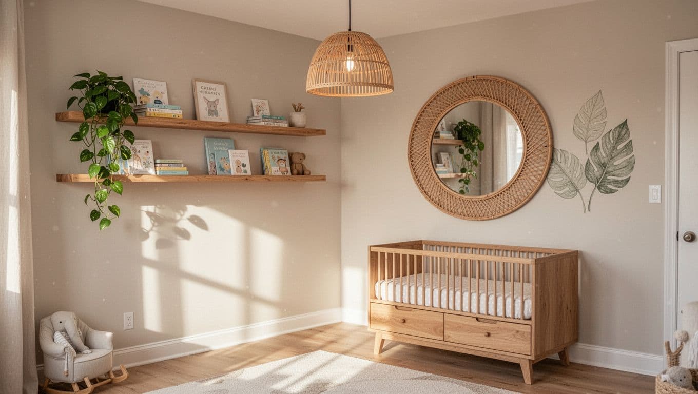 Serene baby nursery blending nature with floating oak wood shelves holding books and a safe faux pothos plant, round rattan mirror above dresser, bamboo pendant light, and gentle botanical wall art on soft neutral walls under warm sunlight.