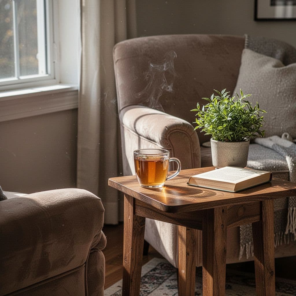 A comfortable armchair sits beside a side table holding a warm cup of tea and a book.