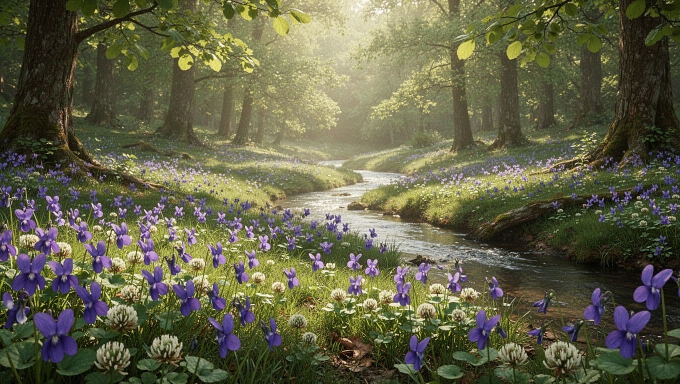 Forest glade with blooming violets and clover, sunlight through green trees, small stream nearby.