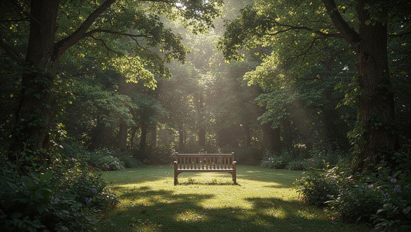 A solitary wooden bench rests inside a serene forest clearing. Lush, dense trees frame the space, providing a protective canopy that glows under the warm, dramatic morning sunlight and deep shadows.