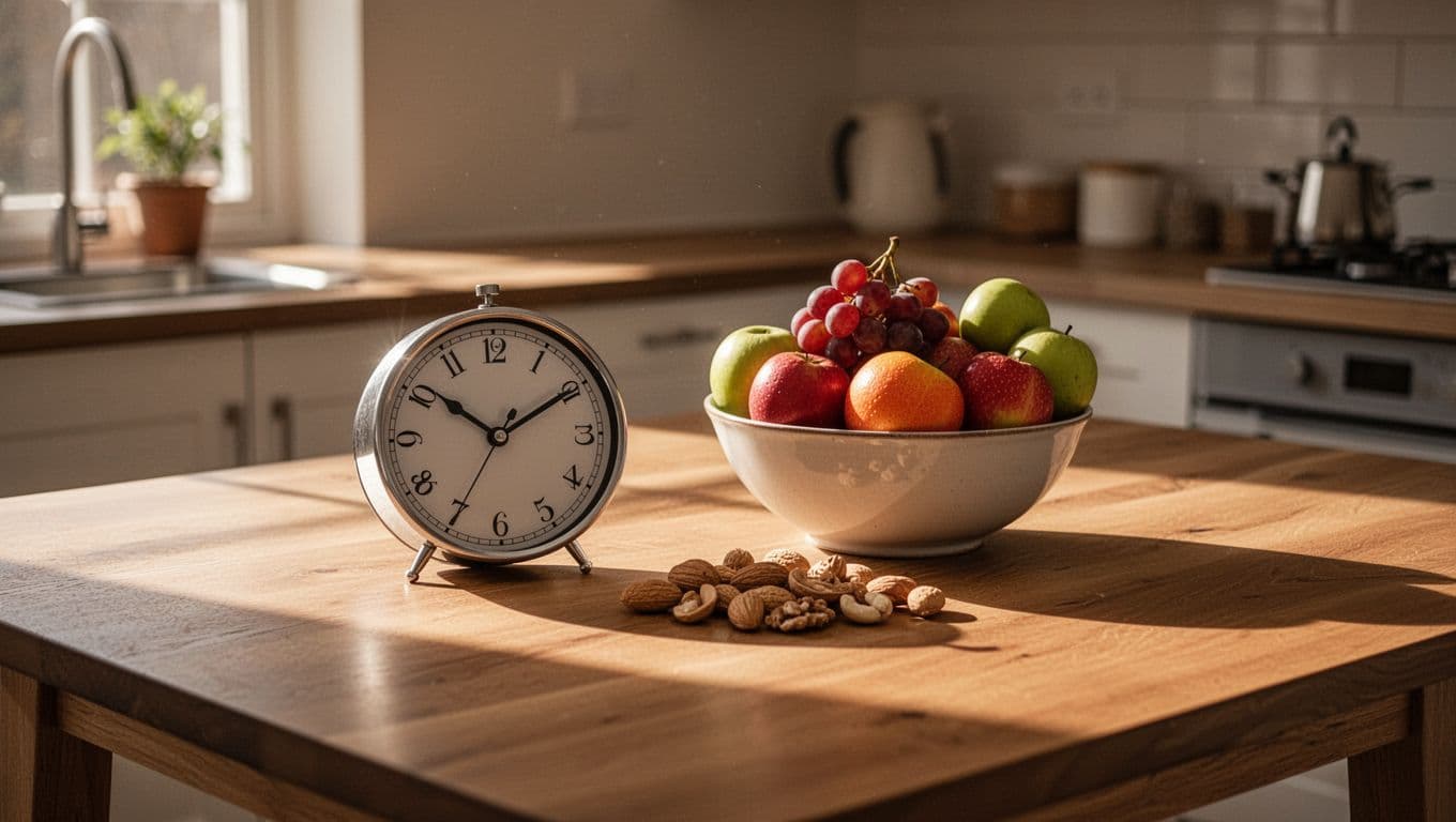 An analog clock sits next to a bowl of fresh fruit and a wooden cutting board on a clean table. Soft sunlight highlights the peaceful and organized eating area.