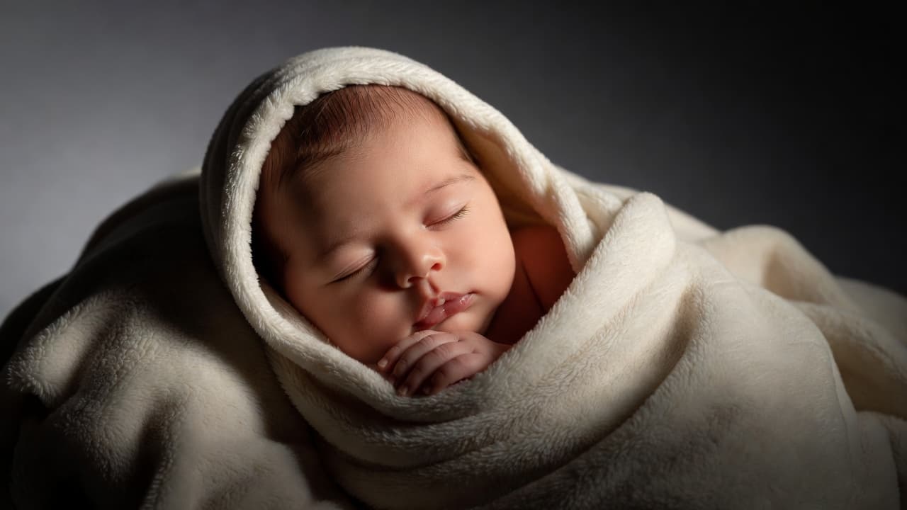 A tiny infant rests wrapped in a soft white blanket against a dark background. Dramatic cinematic lighting highlights her delicate facial features, peaceful closed eyes, and the gentle folds of fabric.