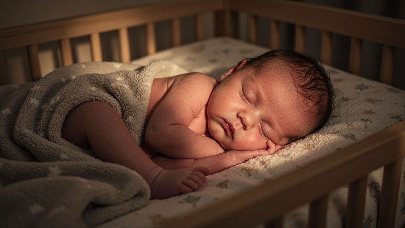 A newborn baby rests in deep slumber within a dark, cozy nursery space. Soft ambient light gently illuminates the infant's facial features to highlight a tranquil and restorative sleeping environment.
