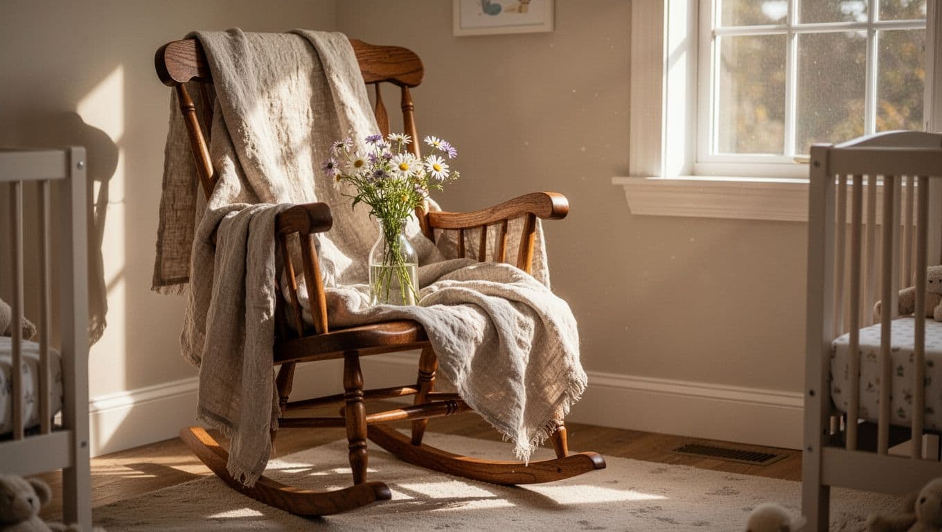 A wooden rocking chair rests on soft linen blankets in a quiet nursery. A clear glass vase filled with fresh wildflowers sits nearby, catching warm sunlight through the window pane.