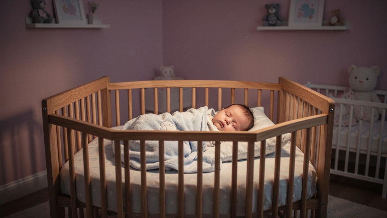 A newborn baby rests soundly within a dark wooden crib, bathed in the soft, warm glow of ambient bedside lighting. Shadows create a cozy, tranquil atmosphere suitable for restful sleep.