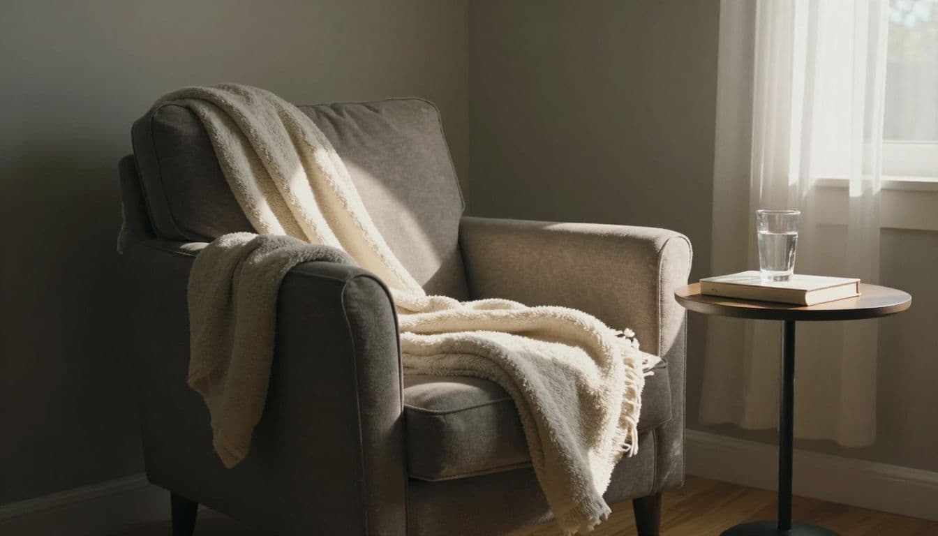 A plush armchair draped with a soft throw blanket sits beside a wooden side table. The table displays an open book and a clear glass of water, all illuminated by glowing sunlight.