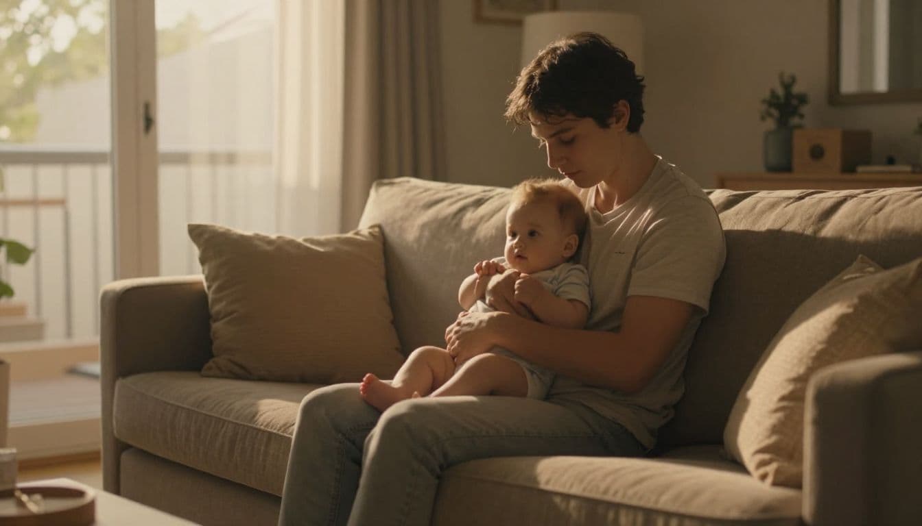 A parent cradles a small baby on a plush sofa during the golden hour. Soft sunlight streams through the room, highlighting the warm textures of the fabric and the tranquil scene.