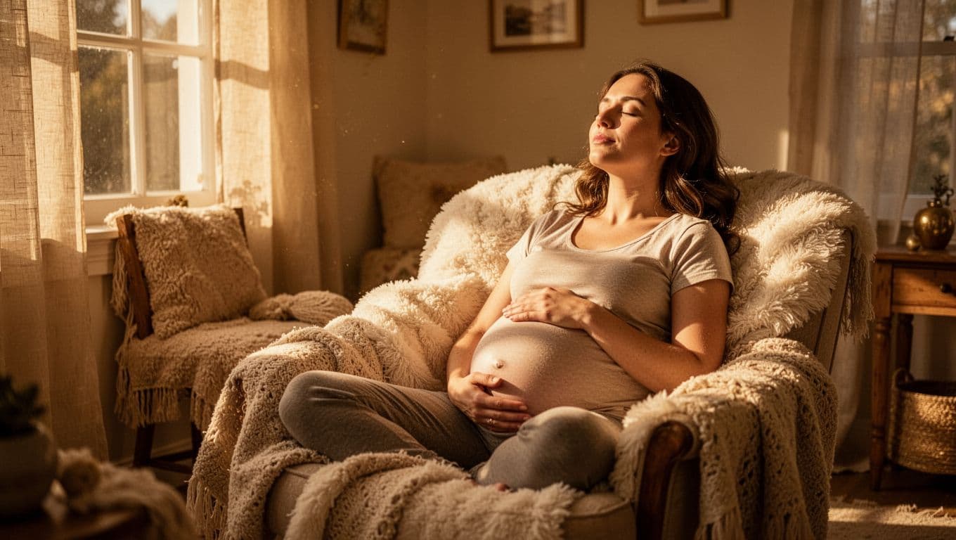 A pregnant woman sits comfortably within a sun-drenched room, her hands gently cradled over her bump. Soft knitted blankets and warm golden lighting enhance the serene atmosphere of this peaceful space.