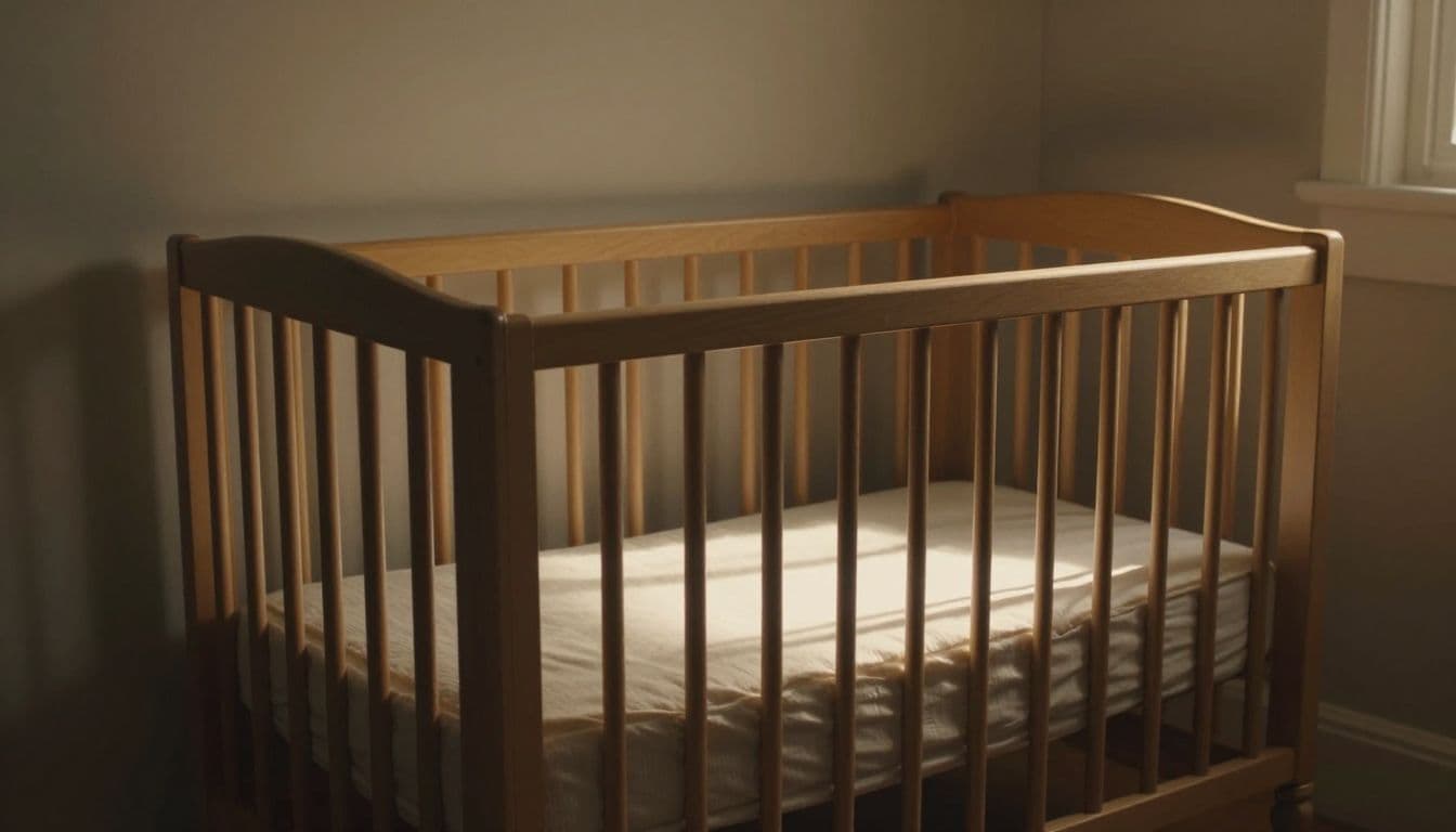 A handcrafted wooden cradle sits in a quiet corner filled with soft linens. Warm sunlight streams across the floorboards, creating deep shadows that emphasize the natural texture of the timber.
