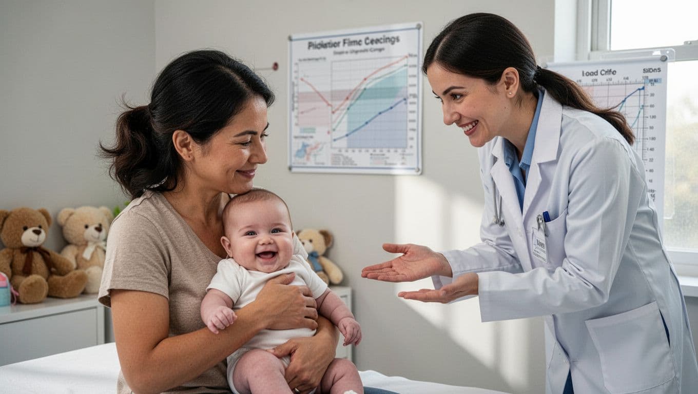 Parent holds smiling 6-month-old baby as doctor discusses chart in calm exam room with toys and growth chart.