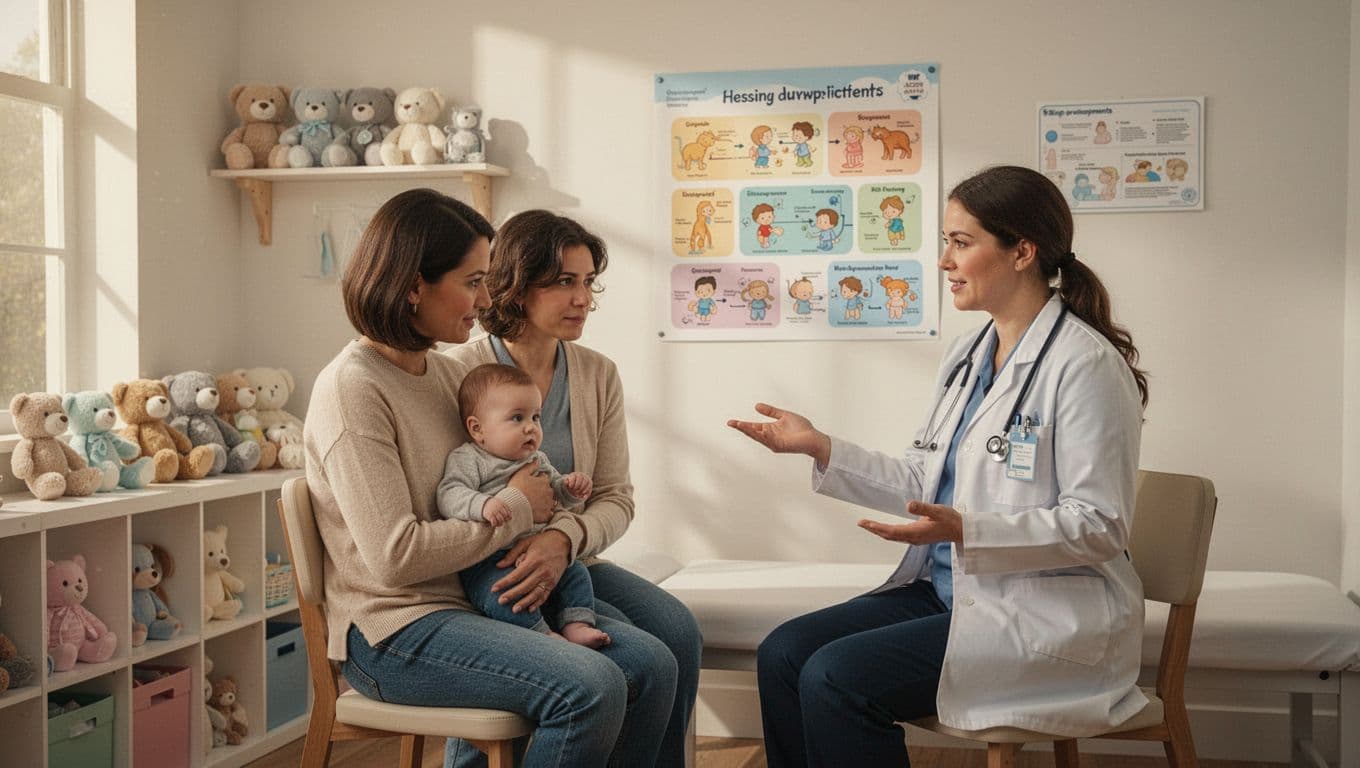 Parent holds 7-month-old baby in office as pediatrician points to wall growth chart.