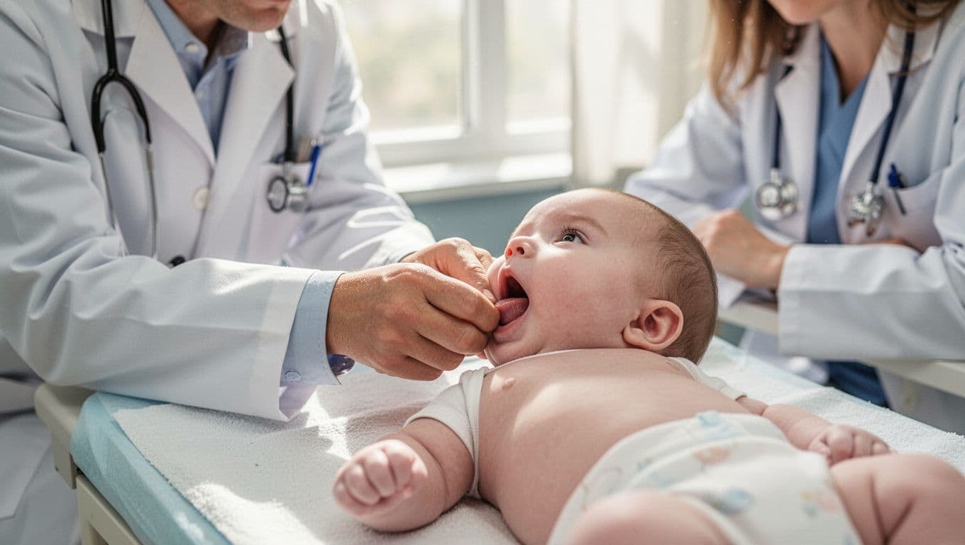 Pediatrician in white coat gently checks calm 3-month-old baby's open mouth with protruding tongue on exam table, parent watches nearby.