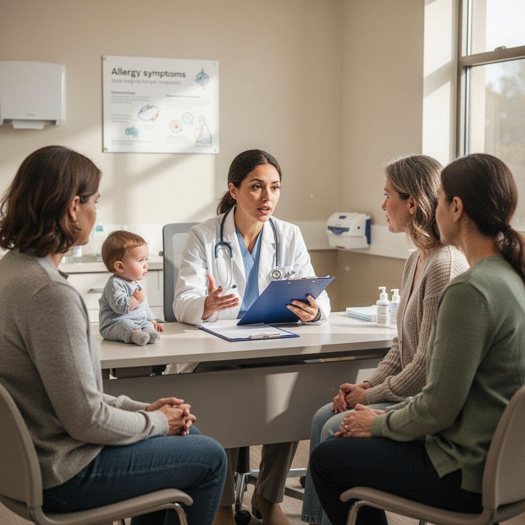 Pediatrician at desk with clipboard talks to two parents in bright medical office.