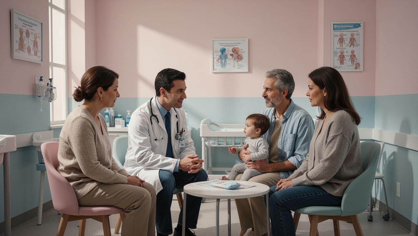 A kind pediatrician sits in a sunlit modern office, leaning forward to engage in a gentle, focused discussion with a mother and father who are listening intently to his advice.